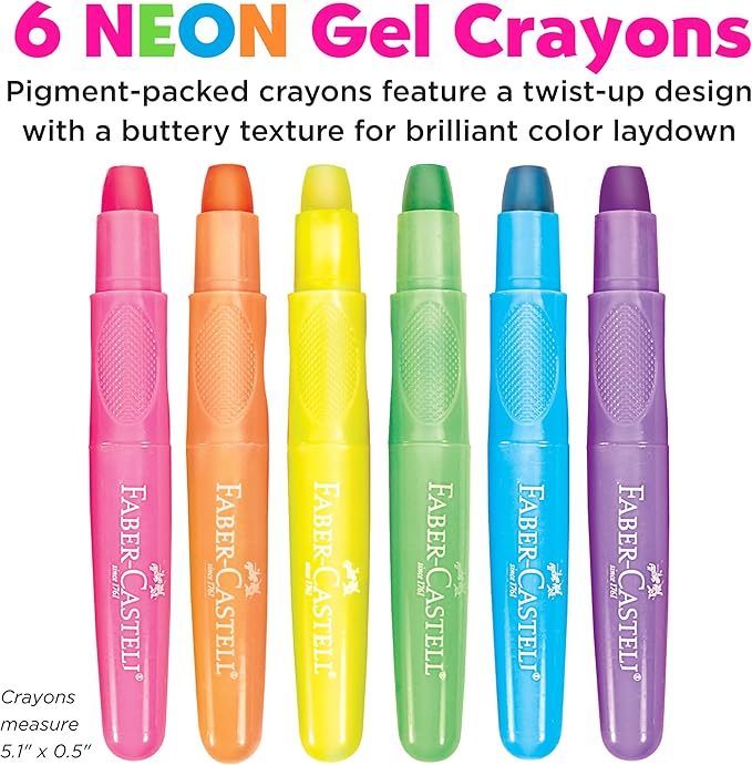Faber-Castell Neon Gel Crayons: 6 Jumbo Gel Crayons in Durable Storage Case: Toddler Art Supplies for Coloring, Twistable Crayons for Kids Drawing Supplies Ages 3-4+