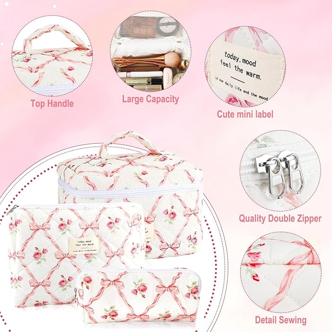 URSKYTOUS 3Pcs Makeup Bag Quilted Cosmetic Bag Set Bow Travel Large Makeup Pouch for Women Cute Portable Cotton Toiletry Bag Skincare Organizer Coquette Vintage Travel Essential