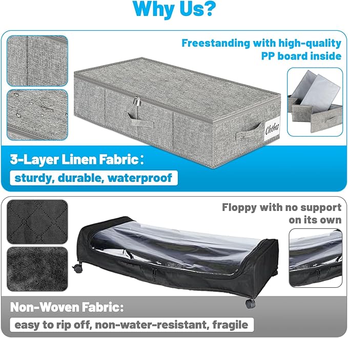 Under Bed Storage Container Bins 2 Pack, 4.5 Inch Slim Low Profile Underbed Clothes Storage Organizer for Dorm & Home, Use for Blanket and Toy Storage Box W/ Sturdy Bottom/Sides, Foldable Thick Fabric