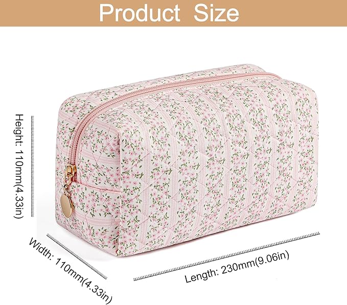HHQQWZ Makeup Bag Travel Cosmetic Bag for Women Girls, Zipper Make Up Pouch, Floral Flowers Toiletry Organizer Makeup, Portable Storage Cosmetic Travel Cloth Bag (2 Pack (L+S)/Pink Floral)
