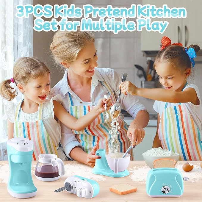 Kitchen Appliances Toys, Kids Play Kitchen Accessories Set, Pretend Kitchen Toys for Kids Ages 4-8, Coffee Maker, Mixer, Toaster with Realistic Lights & Sounds, Gift for Girls Ages 3+