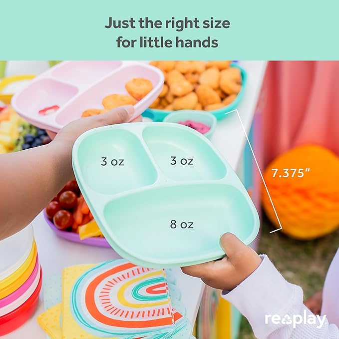 Re-Play Made in USA 7" Deep Walled Divided Plates for Kids, Set of 3 - Reusable 3 Compartment Plates, Dishwasher and Microwave Safe - 7.37" x 7.37" x 1.25", Bluesy