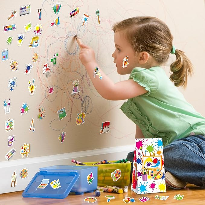 121PCS Art Party Favors Set, Paint Party Favors for Kids, 49 Stickers, 12 Tattoo Stickers, 12 Button Badges, 12 Mini Notepads, 12 Slap Bracelets, 12 Keychains, 12 Goodie Bags for Boys Girls Painting