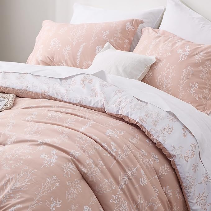 Bedsure Full Comforter Set - Dusty Rose Bed Set, 3 Pieces Cute Floral Bedding, 1 Soft Reversible Botanical Flowers Comforter and 2 Pillow Shams