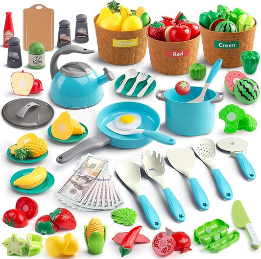 90Pcs Kitchen Playset Accessories, Pretend Cooking with Pots, Pans, Cookware, Food, Fruit, Veges, Color Sorting Baskets, Prop Money, Learning Gift for Girls Boys Toddlers (Turquoise)