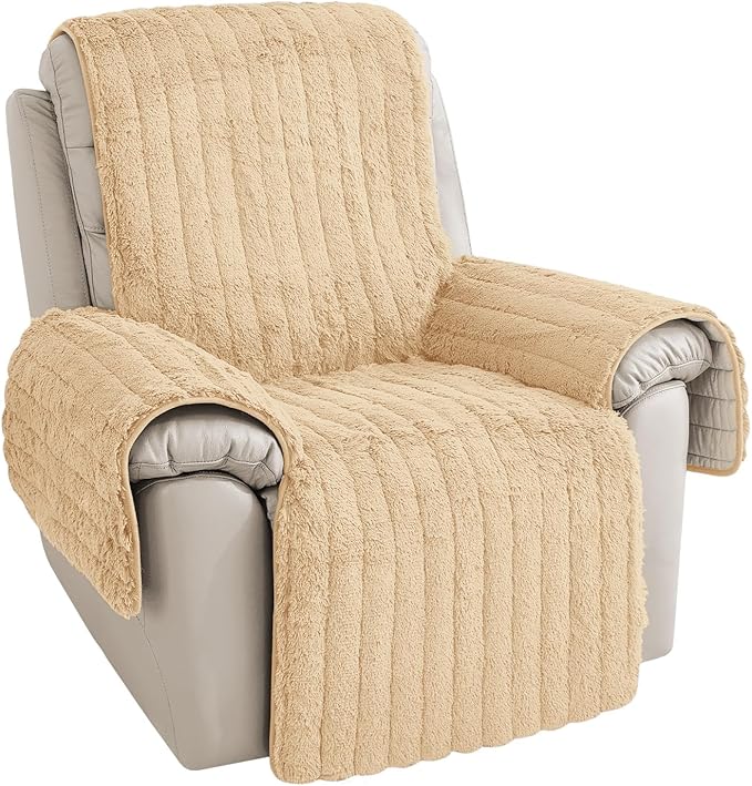 RBSC Home Plush Recliner Slipcover 23 Inches Beige Chair Covers Artificial Wool Lazy Boy Cover Quilted Cover for Recliner Chairs and Furniture Soft Warm