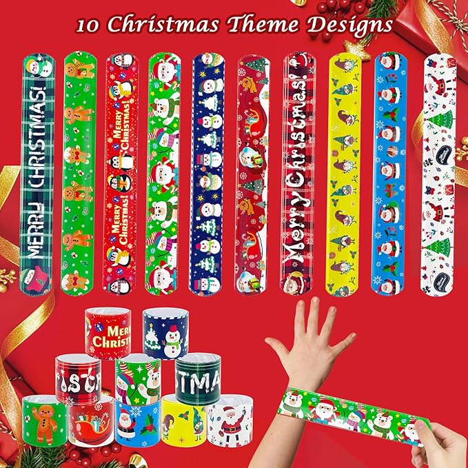 JUNEBRUSHS 56 Pack Christmas Slap Bracelets Xmas Slap Bands Wristband Christmas Party Favors Snap Bracelets Bulk for Christmas Gifts Toys Stocking Stuffers