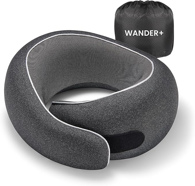 WANDER PLUS® Travel Neck Pillow, Pure Memory Foam Neck Pillow for Airplanes, Comfortable Breathable Cover, 360 Degree Support Ergonomic Design Best for Sleeping Plane Train Travel Essentials Max Black