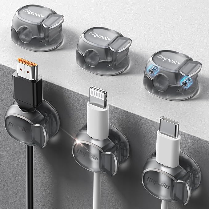 Cable Clips - Chfeila Latest Dual Spring Cord Organizer with Clasp Lock, 6Pack [Max Stability] Desk Cable Management, Adhesive Phone Charging Wire Holder for Nightstand/Car/Wall, Office Accessory