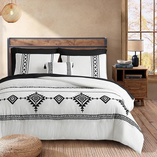 MaiRêve Embroidery Comforter Set, Boho Farmhouse Western Bedding Set, All Season Bed in A Bag Comforter Set with Sheets, Pillowcases & Shams, White California King 7 Pieces