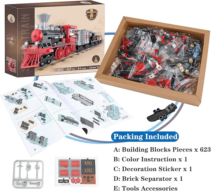 BRICK STORY City Freight Train Building Set, Retro Cargo Train Model, Classic Steam Train Building Blocks Toys, Creative Gift Train for Boys Kids Aged 8-14, 623 Pieces