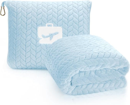 EverSnug Premium Travel Blanket Pillow - Soft 2 in 1 Airplane Blanket with Soft Bag Pillowcase, Hand Luggage Sleeve and Backpack Clip (Ice Blue)