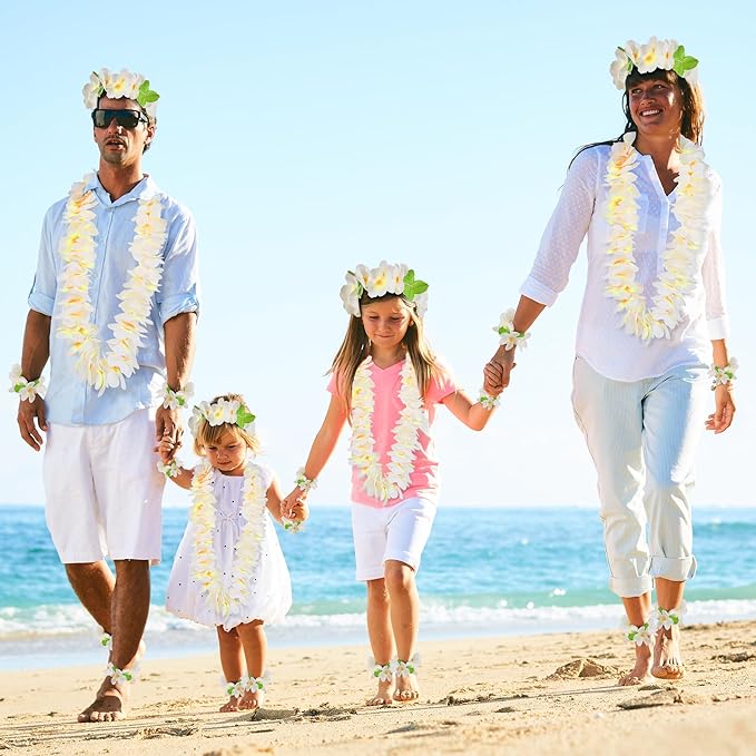 HOBBY HORSE 24 Pieces Hawaiian Luau Flower Leis Halloween Decor Leis White Necklaces Bracelets Headband Anklets Set Tropical Party Favor for Halloween Cosplay Beach Wedding Birthday Party Supplies