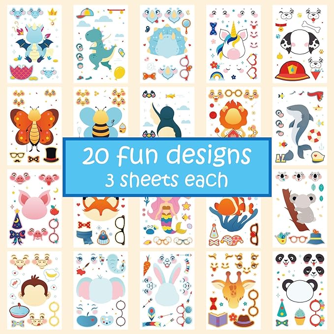 Gooji DIY Make Your Own Stickers for Kids, 60 Sheets Over 1,200 Stickers, 20 Funny Characters and Animals, Customizable Faces with Accessories, Reusable for Party Favors or Arts and Crafts Projects
