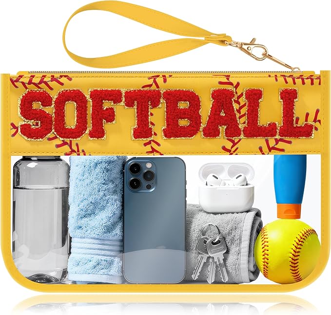 BuyCard Softball Gifts Makeup Bag with Chenille Letter Patch, Clear Cosmetic Pouch PVC Organizer Purse, Waterproof Travel Bag, Portable Toiletry Storage Bag for Her Friends