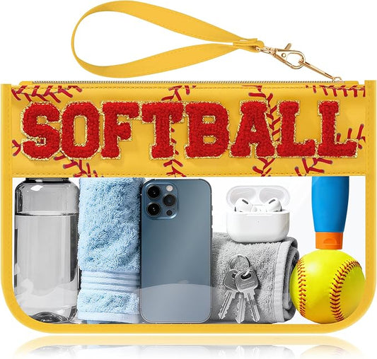 BuyCard Softball Gifts Makeup Bag with Chenille Letter Patch, Clear Cosmetic Pouch PVC Organizer Purse, Waterproof Travel Bag, Portable Toiletry Storage Bag for Her Friends