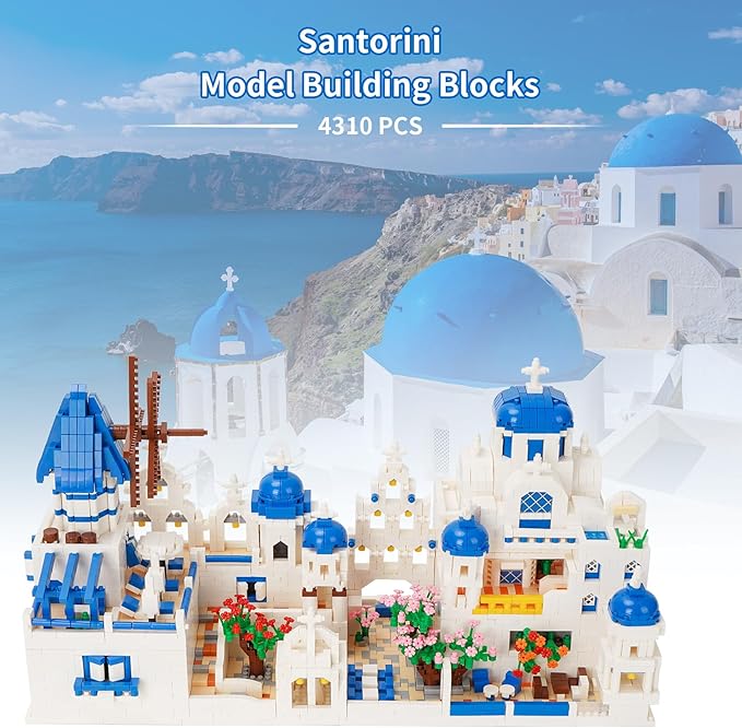 Architecture Aegean Sea Santorini Micro Building Blocks Set 4310 PCS, Model Building Kit Creative Architecture Collection Building Blocks Gift for Adults