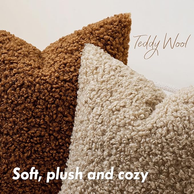 Woaboy Faux Fur Throw Pillow Covers 18x18 Inch Set of 2 Boucle Neutral Decorative Sherpa Fuzzy Accent Soft Sheepskin Fleece Cushions Modern Home Decor for Couch Sofa Bedroom Living Room,Khaki