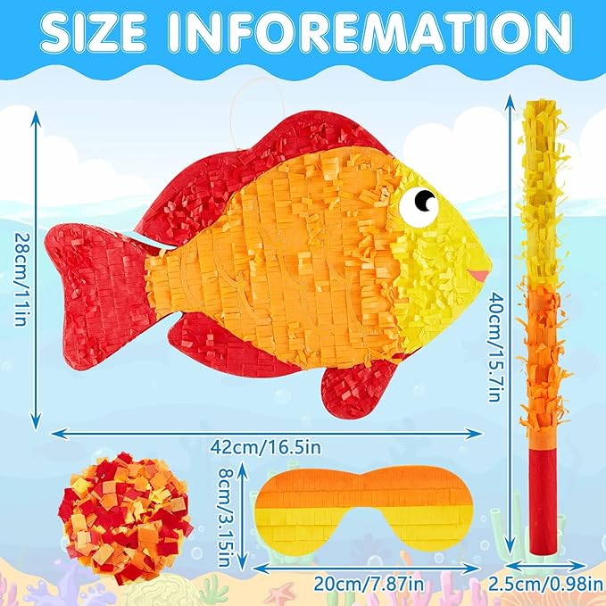 Lewtemi 16.5 in Fish Piñata and Piñata Stick with Blindfold Confetti Set Kids Pinata Fish Party Decorations Gender Reveal Piñata for Kids Baby Shower Christmas Birthday Ocean Themed Party Decorations