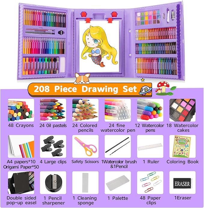 208 PCS Art Supplies,Drawing Art Kit Painting Art Set for Kids Girls Boys Artist, Gift Box with Trifold Easel, Includes Pastels, Crayons, Colored Pencils, Coloring Book, Scissors, Origami Paper 40 Sh.