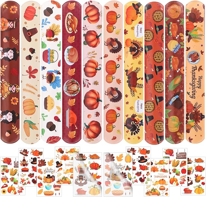 40PCs Thanksgiving Slap Bracelets for Kids with Thanksgiving Tattoo, Turkey Pumpkin Autumn Maple Leaf Snap Band for Fall Party Favors Decor