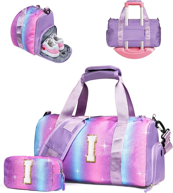 Birthday Gifts for Kid-Girl Gym Bag with Shoe Compartment, Kid Personalized Weekender Overnight Bags, Initial Travel Tote with Makeup Pouch Gifts for Kids (Letter I)
