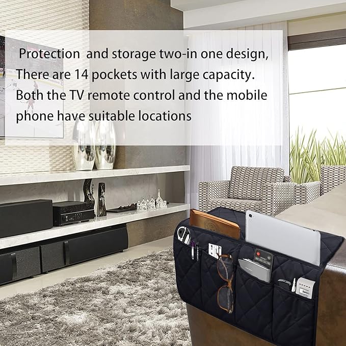 Armchair Caddy,Non Slip Sofa Armrest Organizer, Couch Armrest Remote Control Holder,Waterproof Recliner Arm Caddy with 14 Pockets for Cell Phone TV Remote Control