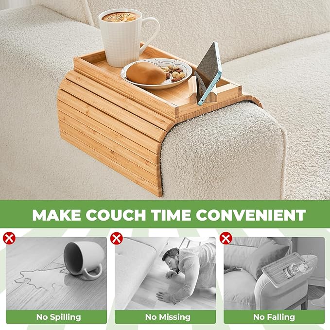 Bamboo Sofa Arm Tray, Anti Falling Couch Arm Tray Armrest Table with 360° Rotating Phone Holder, Foldable and Portable Sofa Armrest Trays Cup Holder for Drink,Cups, Phone, Snacks, Remote