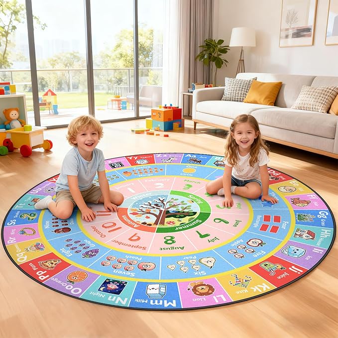 ABC Round Kids Rug for Playroom, 4ft Alphabet Small Classroom Rug, Educational Kids Play Mat With Number Shape Animal Season, Learning Area Rug for Nursery Bedroom Kidsroom, Colorful Non-Slip Washable