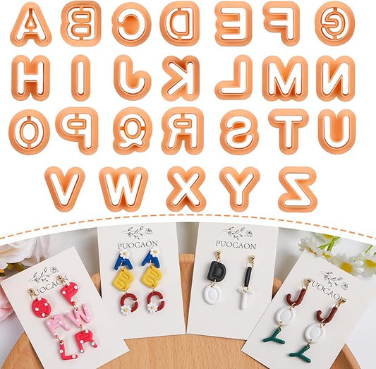 Puocaon Uppercase Letter Clay Cutters - 26 Letters Clay Cutters for Polymer Clay Jewelry Making, Basic Letter Polymer Clay Cutters for Jewelry, 3D Print Letter Clay Cutters for Earrings Jewelry