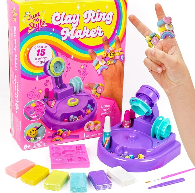 Just My Style Chunky Rings Clay Ring Maker, Make Your Own Clay Jewelry, Great for Birthday Parties, Play Dates, Sleepover Activity, Perfect for Jewelry Lovers Ages 6, 7, 8, 9, Multi