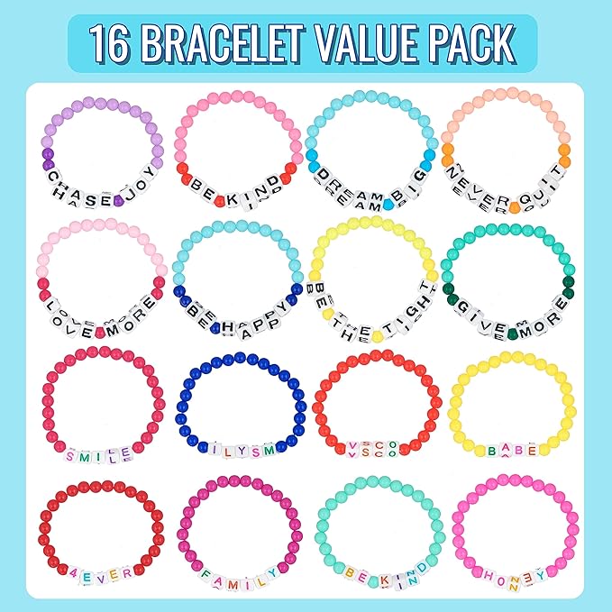 Expressions 16pc Tear & Share Bracelets w/ BRIGHT Beads - Novelty Message Bracelets To Share With Friends, Colorful Letter Beaded Bracelets, Shareable Party Favor Jewelry For Kids And Teens