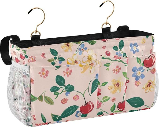 Cute Cherry Blue Flowers Bedside Caddy for Dorm Bed Bedside Hanging Caddy Bag Iron Frame Storage Organizer Pocket for Bunk Home College Hospital Beds 2 Hooks