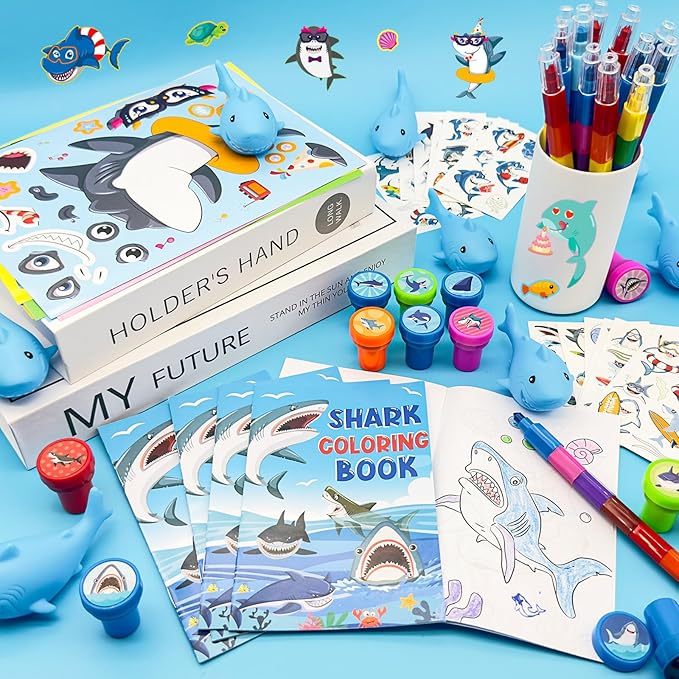 Cinrobiye 72 Pcs Shark Toddler Party Favors,Shark Coloring Book Ocean Animals Party Goodie Bags Fillers,Under the Sea Birthday Party Decorations Craft DIY Kit Face Stickers Tattoo for Shark Pinatas