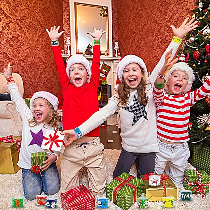 JUNEBRUSHS 56 Pack Christmas Slap Bracelets Xmas Slap Bands Wristband Christmas Party Favors Snap Bracelets Bulk for Christmas Gifts Toys Stocking Stuffers