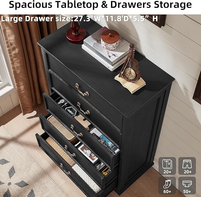 Farmhouse 5 Drawer Dresser Set of 2 for Bedroom, 45" Tall Rustic Chests of Drawers w/ 4 Solid Wood Feet, Vintage Mid Century Wooden Closet Storage Dressers Organizer for Living Room, Black