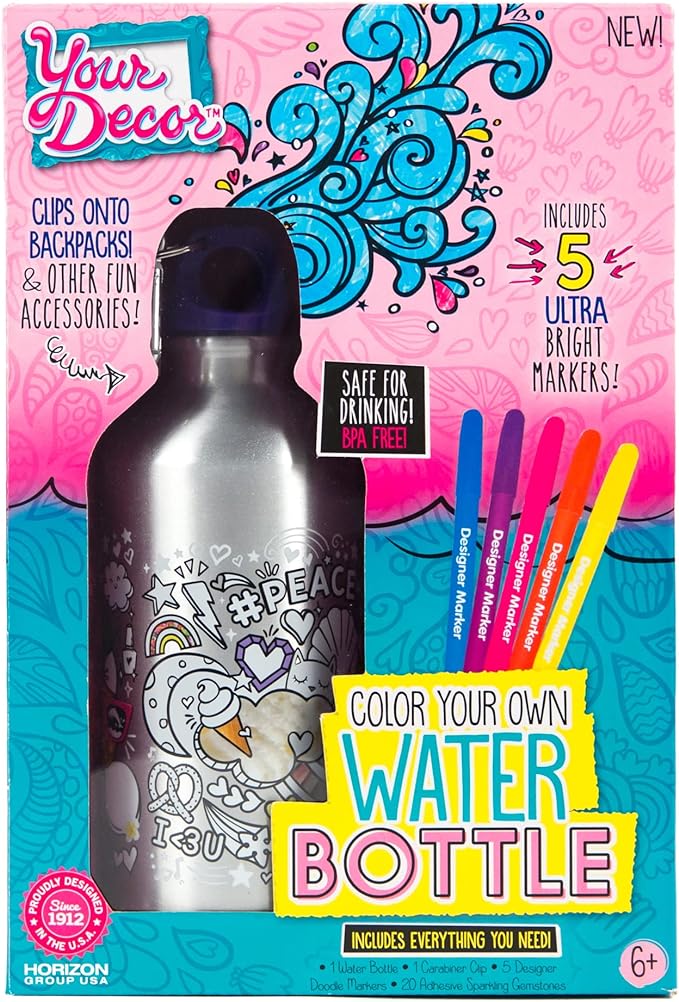 Just My Style Color Your Own Water Bottle, Includes Markers & Gemstones, Personalized Craft Kit for Kids, DIY Decorating, Gift for Girls
