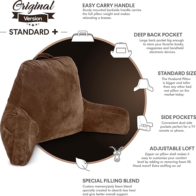 Husband Pillow Chocolate, Original Reading Pillow in Bed Rest Chair, Shredded Memory Foam Large Lounge Cushion Adult Backrest with Arms, Comfy Back Support for Sit Sitting Up, Wash/Removable Cover