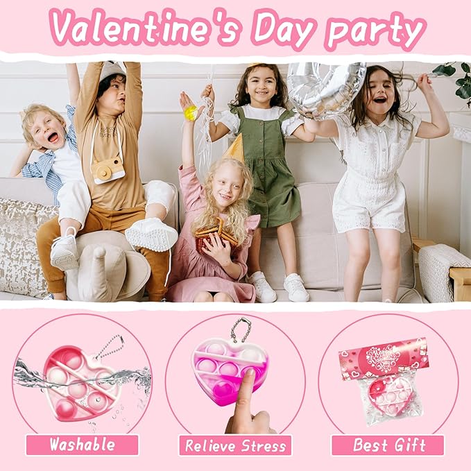 48 Packs Valentines Day Cards for Kids, Heart Pop Valentines Fidget Toys Bulk Stress Relief Fidget Toys for Kids Valentine's Party Favors School Classroom Exchange Gifts，Valentine's Day Gift