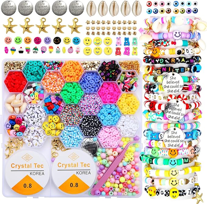 Goody King 3600+pcs Clay Beads Bracelet Making Kit for Beginner Heishi Beads Letter Beads 30 Color+ with Charms Kit for Jewelry Making Clay Beads DIY Arts and Crafts Gifts Toys for Kids Age 6-12