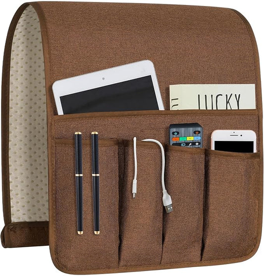 NB Sofa Armrest Organize remote holder bedside caddy organizer with 5 pockets，non-slip couch remote control holder couch armchair caddy accessories (Brown, 35"x12.4")