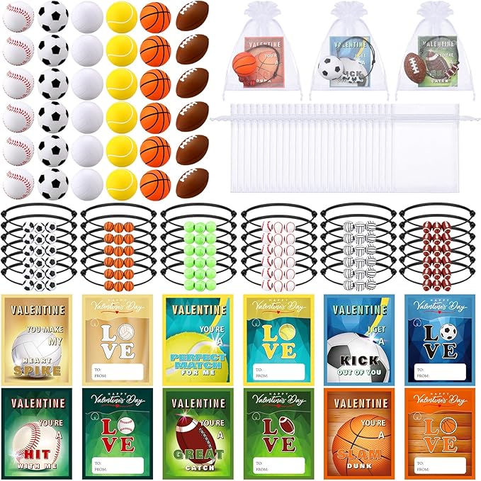 144 Pcs Valentine's Day Sports Gift Cards Valentines Party Favors Sports Greeting Cards with Stress Balls Bracelet Favors for Valentines Sports Team