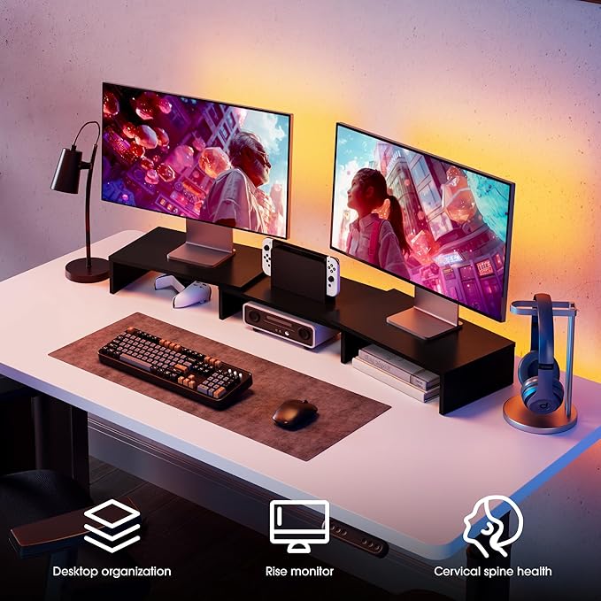 FITUEYES Dual Monitor Stand – 3 Shelf Computer Monitor Riser, Wood Desktop Stand with Adjustable Length and Angle, Desk Accessories, Office Supplies Medium Black,DT108001WB