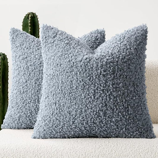 Woaboy Faux Fur Throw Pillow Covers 18x18 Inch Set of 2 Boucle Neutral Decorative Sherpa Fuzzy Accent Soft Sheepskin Fleece Cushions Modern Home Decor for Sofa Bedroom Living Room,Coastal Dusty Blue