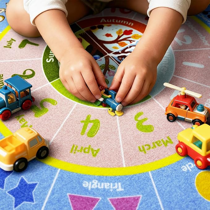ABC Round Kids Rug for Playroom, 6ft Alphabet Small Classroom Rug, Educational Kids Play Mat With Number Shape Animal Season, Learning Area Rug for Nursery Bedroom Kidsroom, Colorful Non-Slip Washable