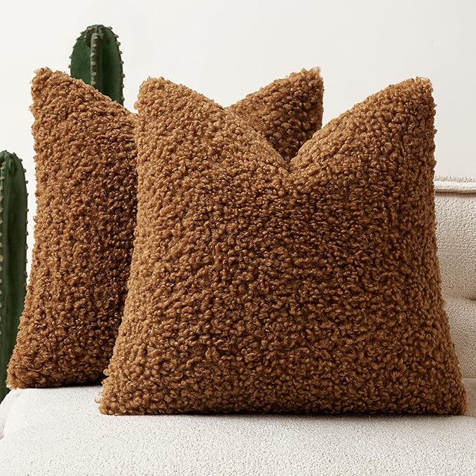 Woaboy Faux Fur Throw Pillow Covers 24x24 Inch Set of 2 Boucle Neutral Decorative Sherpa Fuzzy Accent Soft Sheepskin Fleece Cushions Euro Modern Home Fall Decor for Couch Bedroom Living Room,Brown
