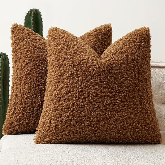 Woaboy Faux Fur Throw Pillow Covers 24x24 Inch Set of 2 Boucle Neutral Decorative Sherpa Fuzzy Accent Soft Sheepskin Fleece Cushions Euro Modern Home Fall Decor for Couch Bedroom Living Room,Brown