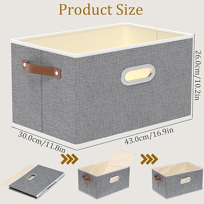 Yawinhe Fabric Storage Bins with Handles, Foldable Baskets for Shelves, Cubes with 3 Handles, Large Boxes for Clothes, Grey, 16.9''Lx11.8''Wx10.2''H, 6-Pack