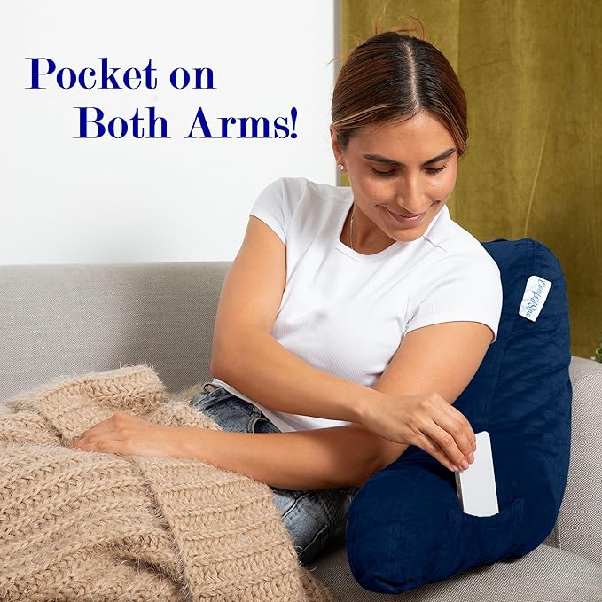 ComfortSpa Reading Pillow for Kids Teens Adult, Back Rest Pillow with Arms, Pockets, Washable Cover; Use as Back Pillow for Bed Sitting Up for Bedrest, Relief from GERD Heartburn (Standard Blue)
