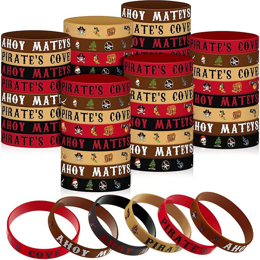 Leitee 48 Pcs Pirate Rubber Bracelets Pirate Party Wristbands Pirate Theme Party Silicone Wristbands Pirate Party Supplies Favors Pirate Accessories for Men Women Birthday Prizes, 4 Styles